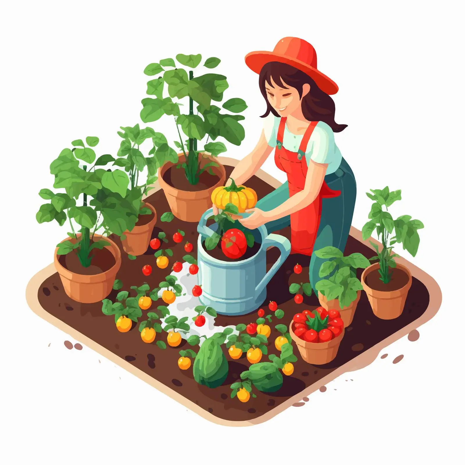 Cartoon Woman Watering Berry and Vegetable Plants — free download from Dotvec