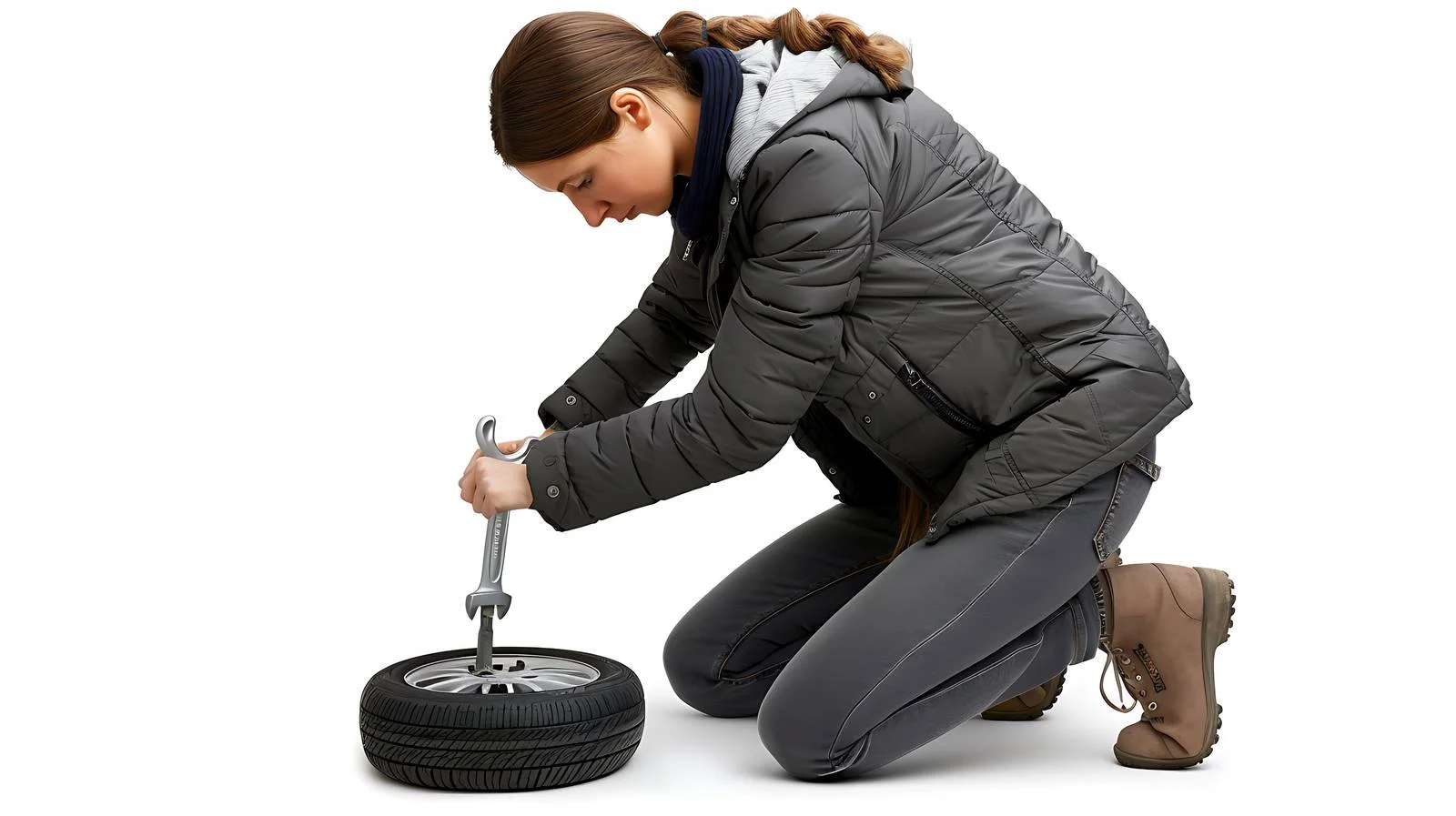 Female Changing Tire with Wheel Wrench — free download from Dotvec