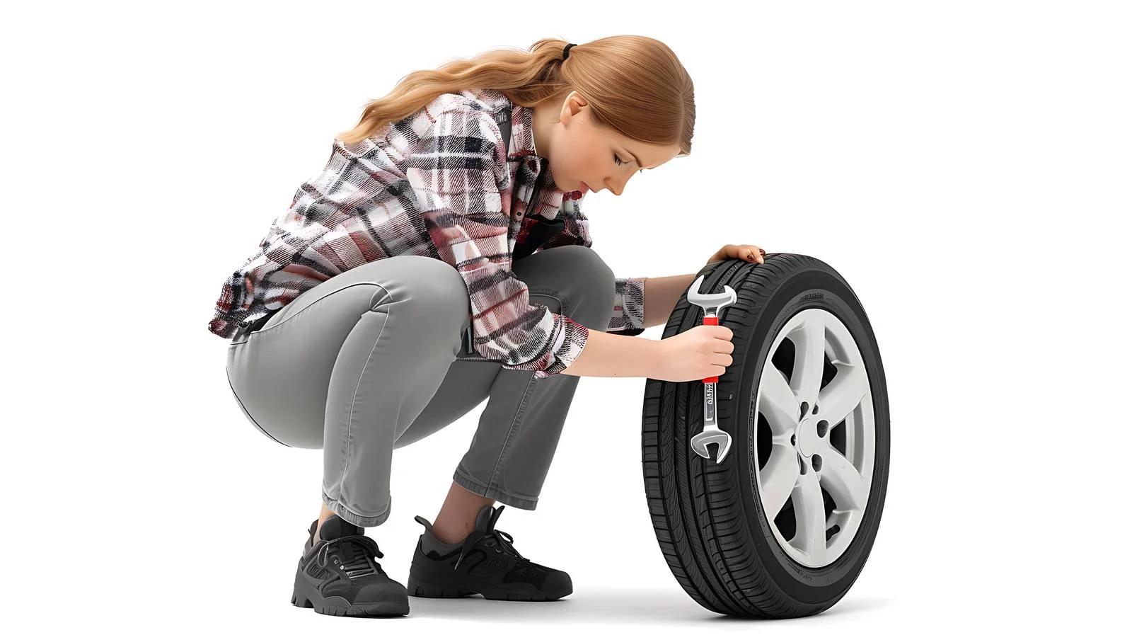 Female Changing Tire with Wheel Wrench — free download from Dotvec