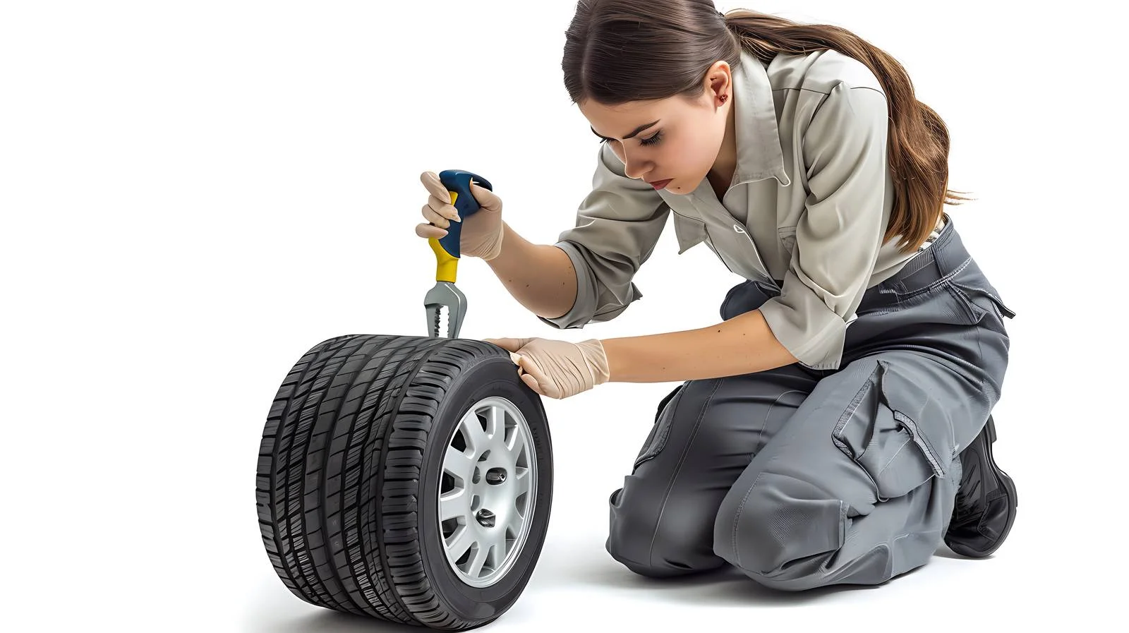 Female Changing Tire with Wheel Wrench — free download from Dotvec