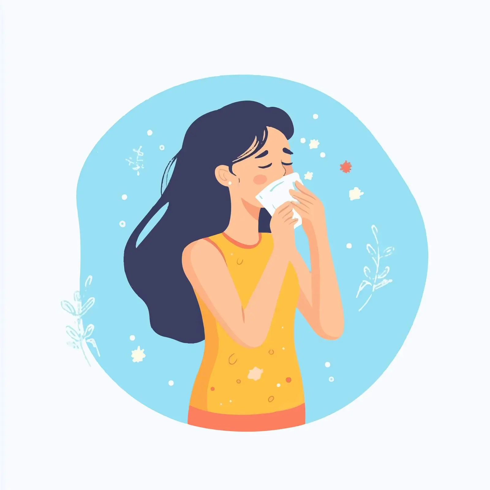 Female Character Sneezing with Tissue Prevention Tips – free preventative image from Dotvec