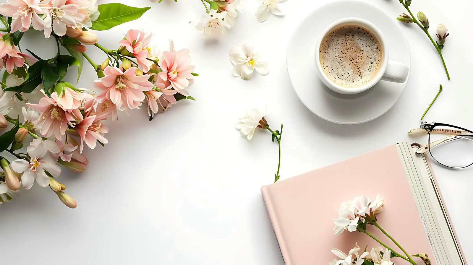 Styled Desk with Coffee and Flowers – free scenery image from Dotvec