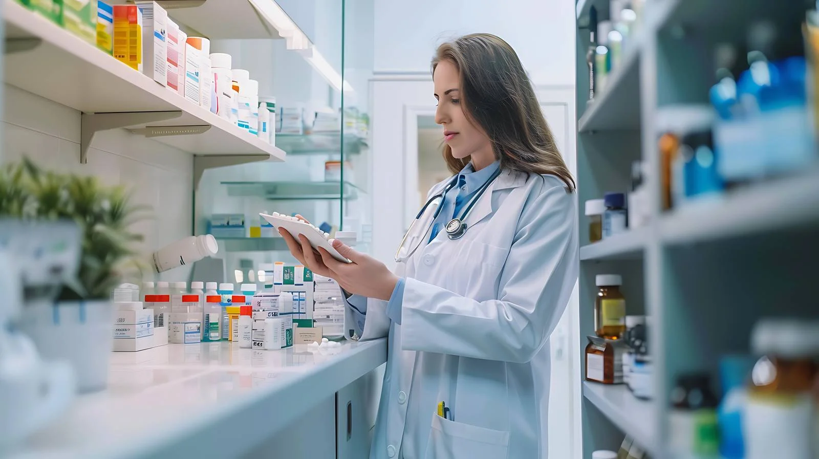 Doctor accessing pharmacy cabinet for medications — free download from Dotvec