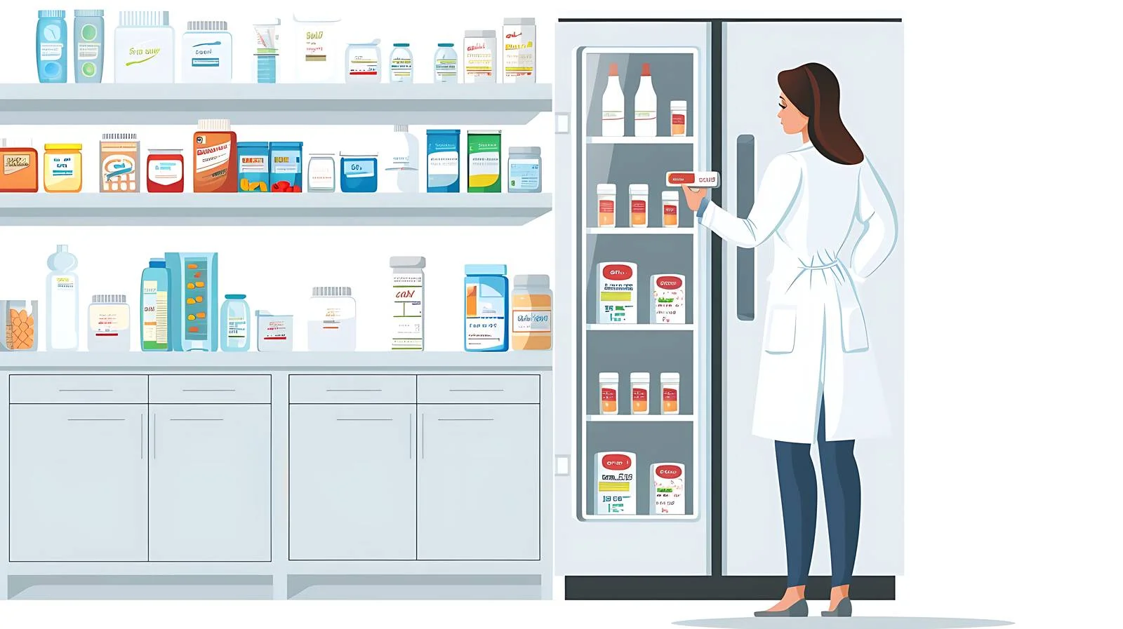 Doctor retrieving medicines from pharmacy cabinet — free download from Dotvec