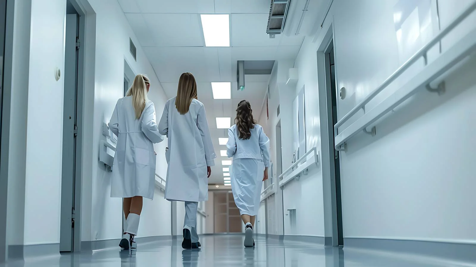 Professional Women Discussing at Hospital Corridor — free download from Dotvec