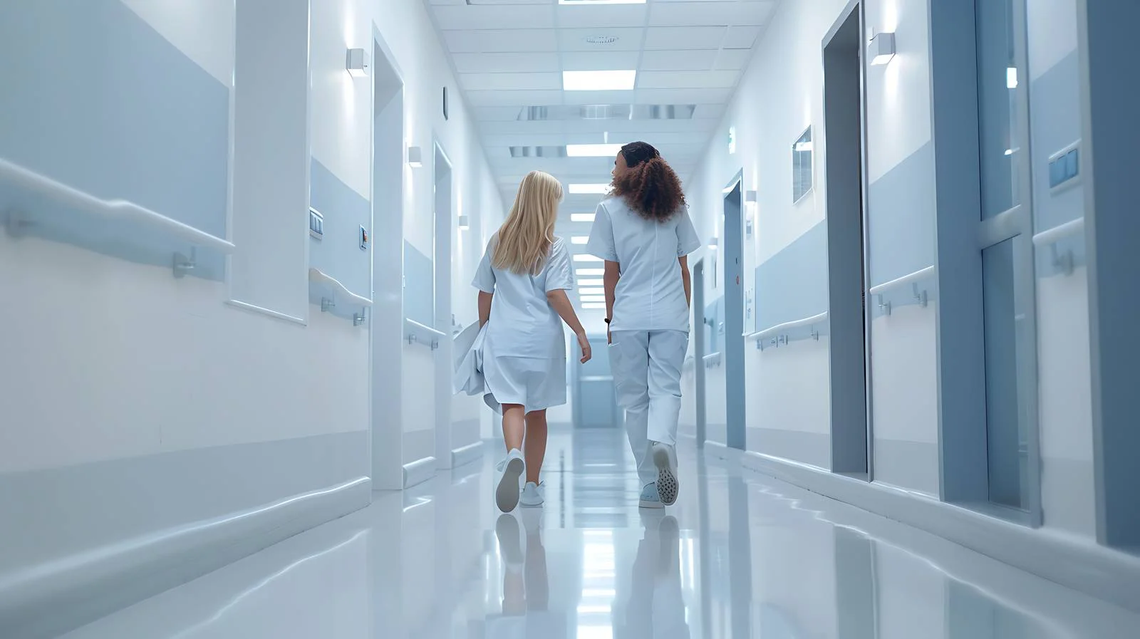 Medical professionals chat walking clinic corridors — free download from Dotvec