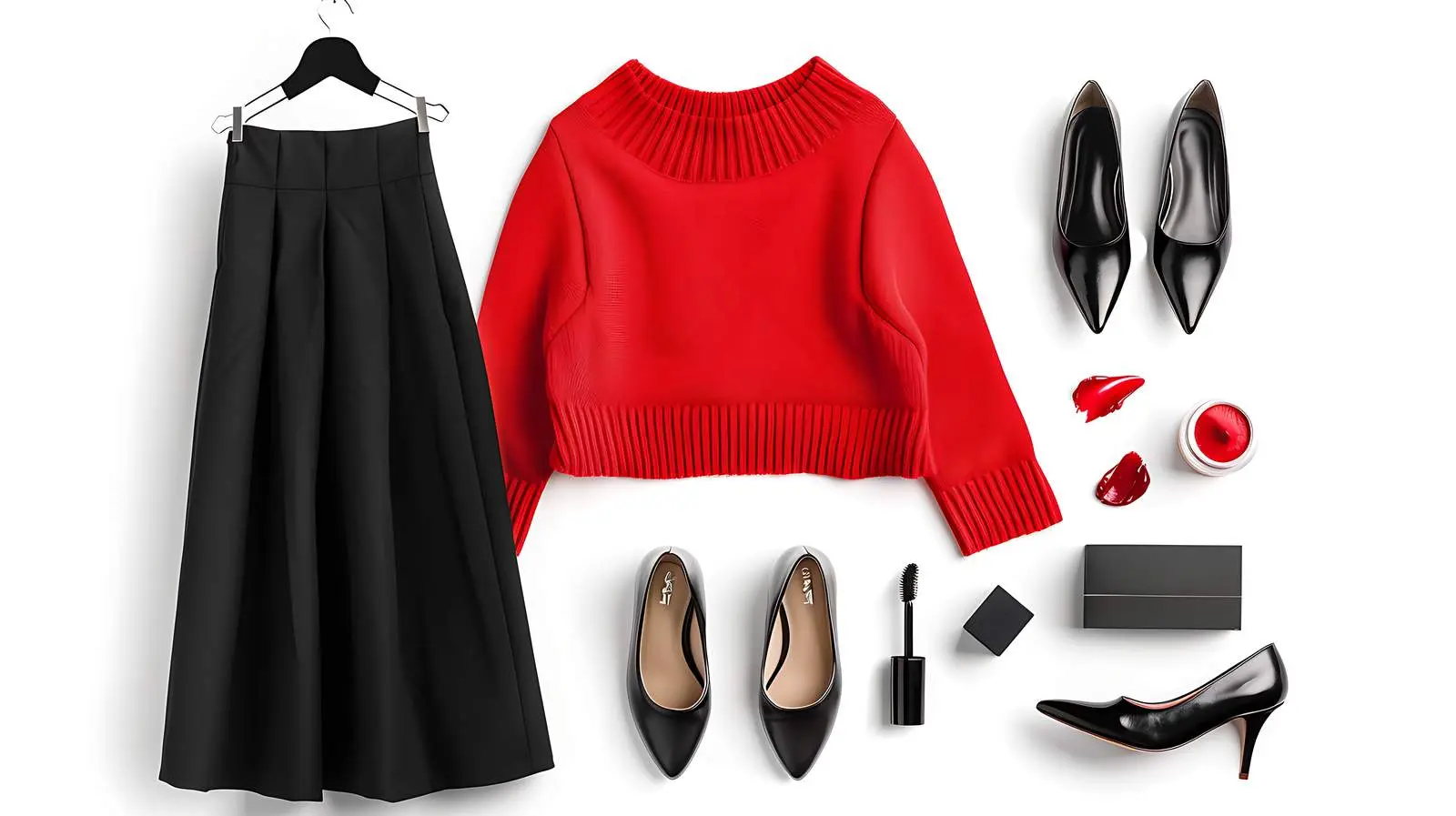 Stylish Female Outfit with Red Sweater and Skirt – free black image from Dotvec