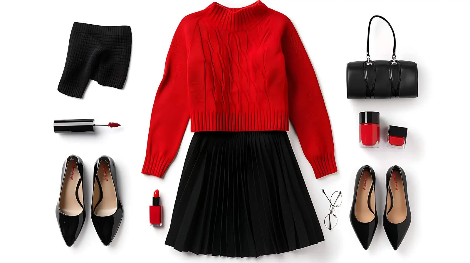 Stylish Female Outfit with Red Sweater and Skirt – free black image from Dotvec