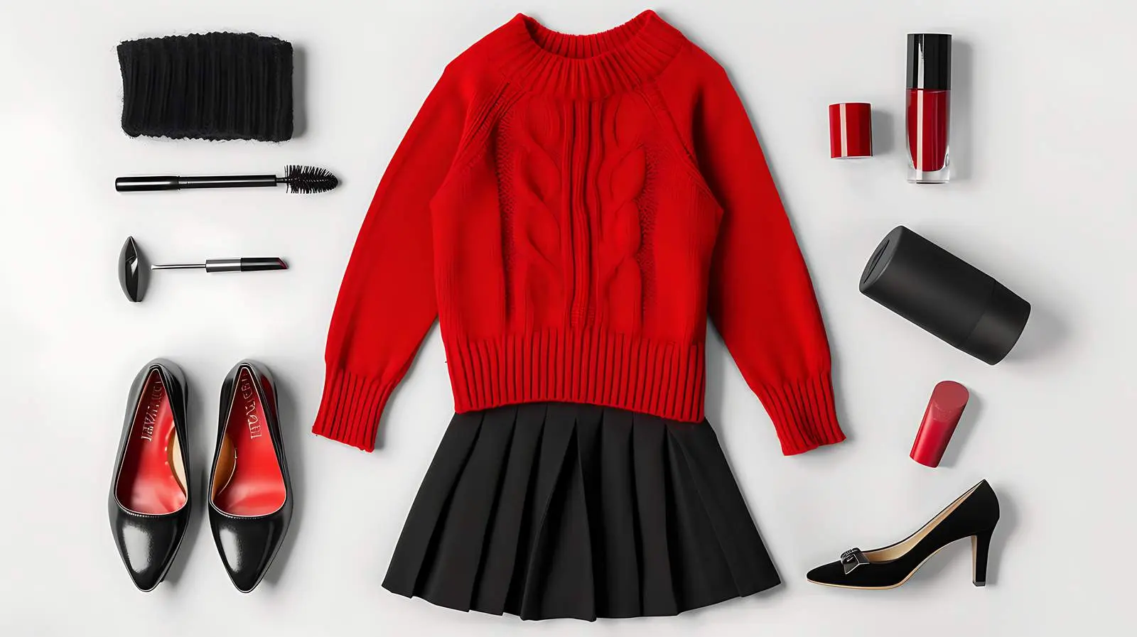 Stylish Red Sweater with Black Skirt and Shoes – free black image from Dotvec
