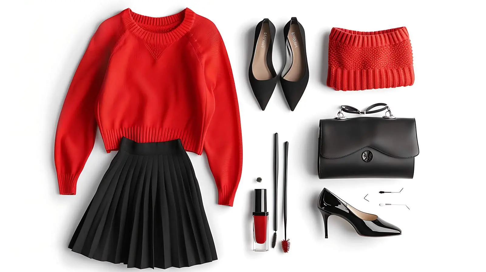 Stylish Outfit with Red Sweater and Black Skirt – free black image from Dotvec