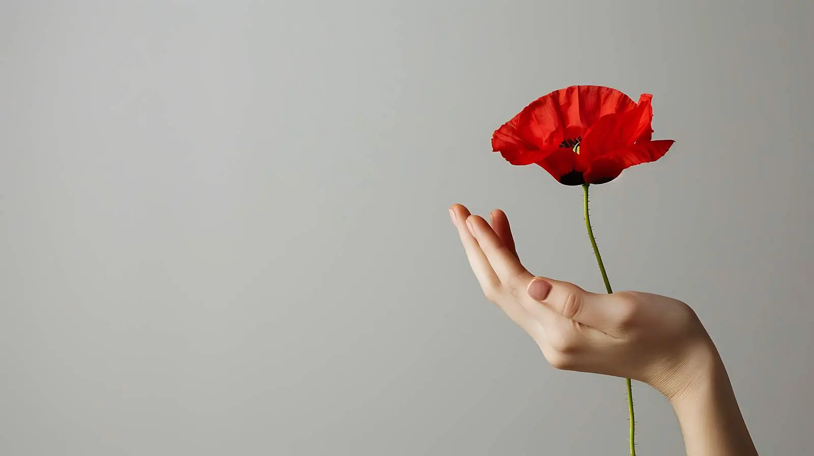 Woman Holding Red Poppy Flower on Grey Background — free download from Dotvec