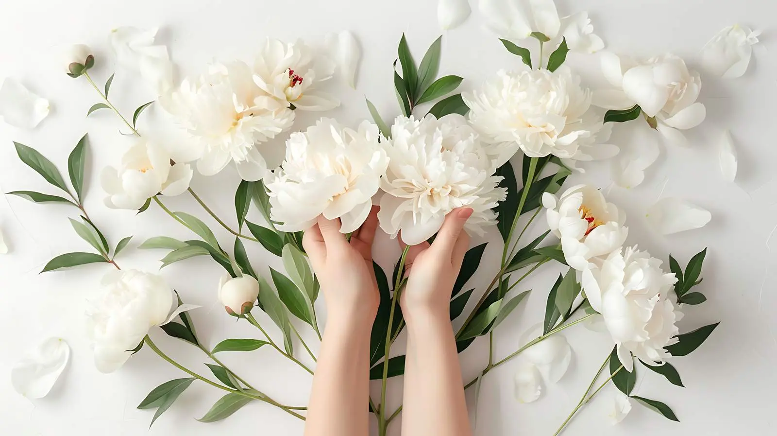 Elegant Female Hands Holding White Peony Bouquet – free peony flowers image from Dotvec