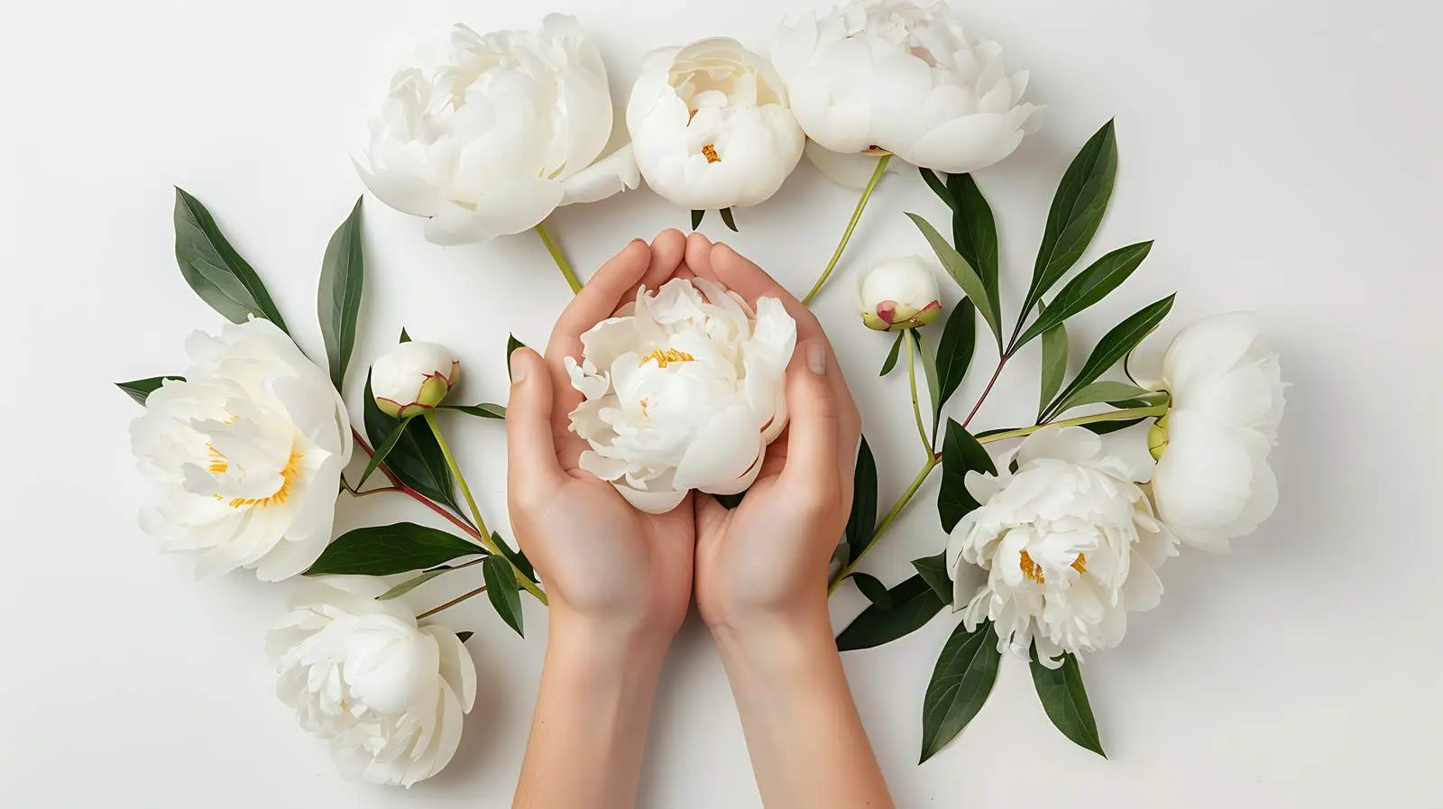 Hands Holding White Peony Bouquet on White Background – free refreshing image from Dotvec