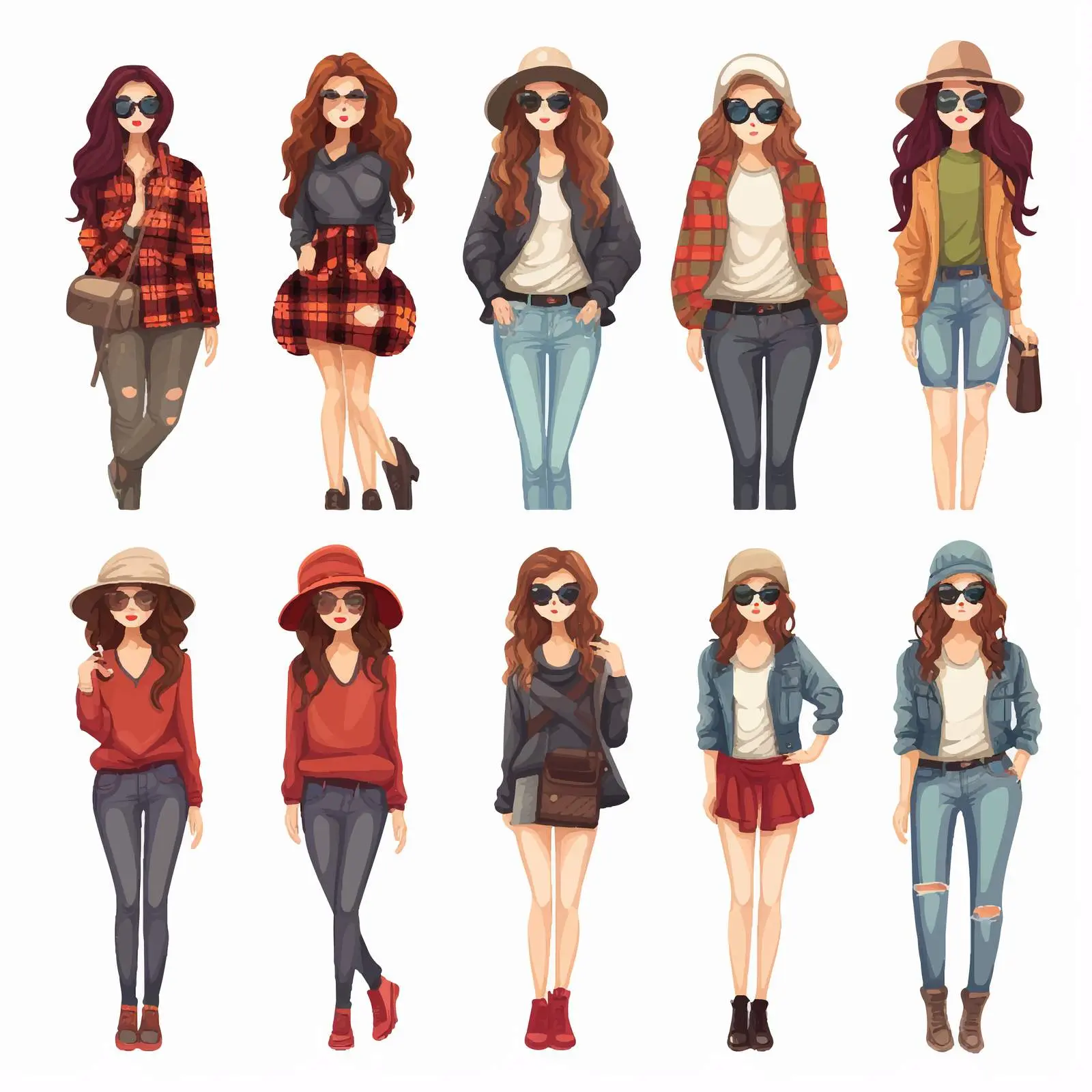 Female Hipster in Various Costumes Vector Art — free download from Dotvec