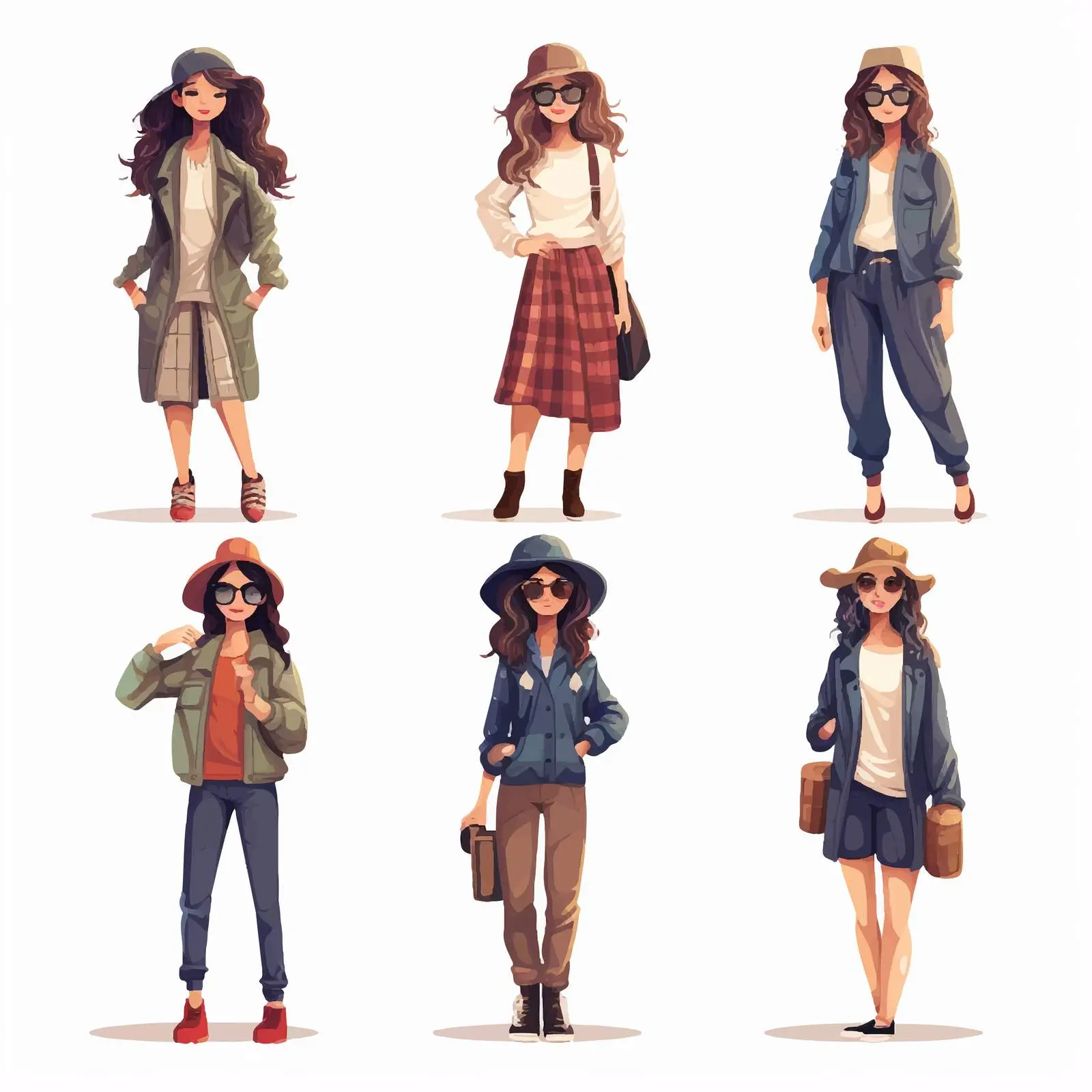 Female Hipster in Various Costumes Vector Art – free unique characters image from Dotvec