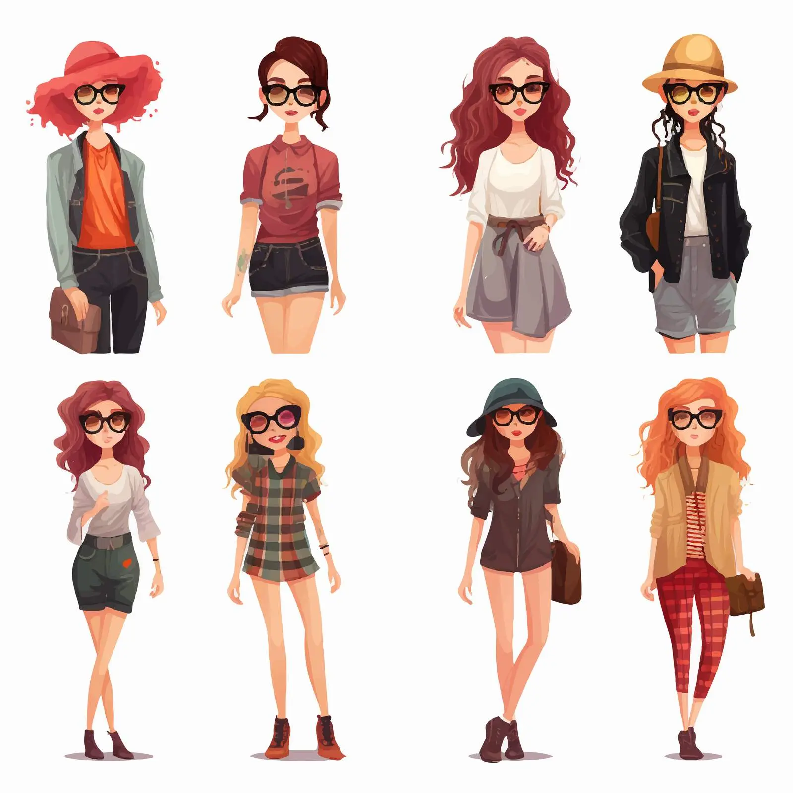 Female Hipster in Various Costumes Vector Art — free download from Dotvec