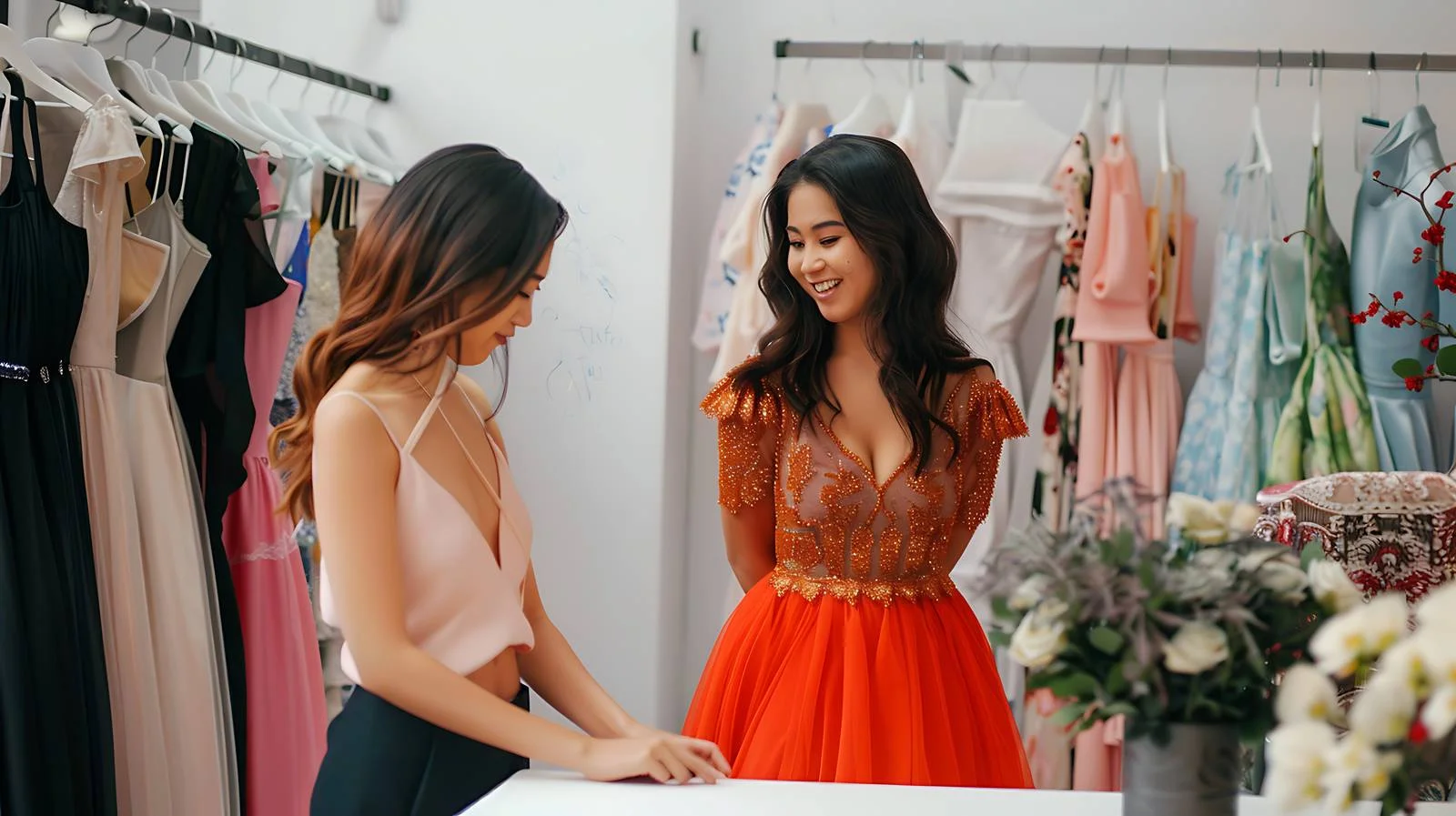 Boutique owner presenting dresses to client — free download from Dotvec