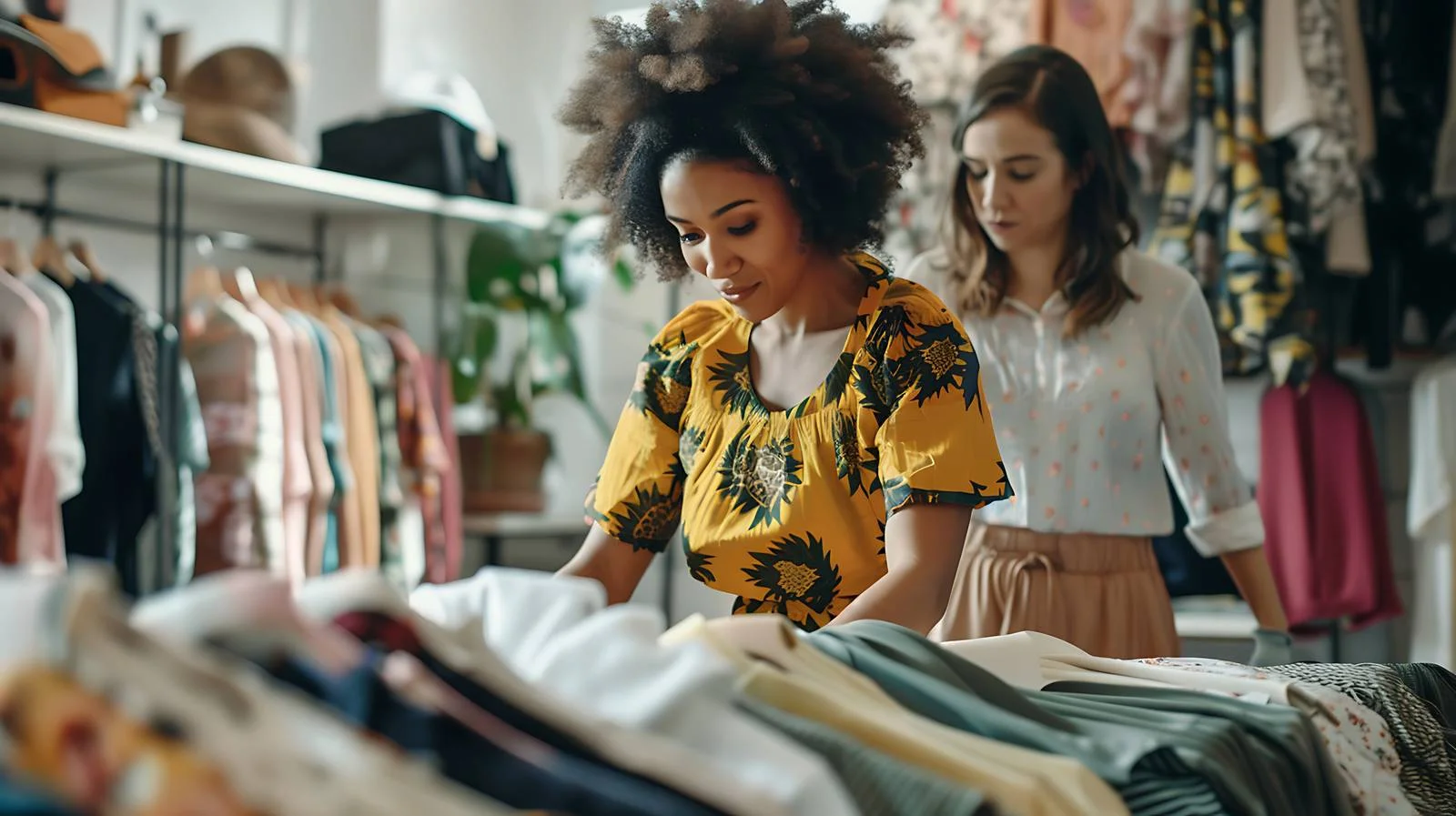 Boutique owner presenting dresses to customer — free download from Dotvec