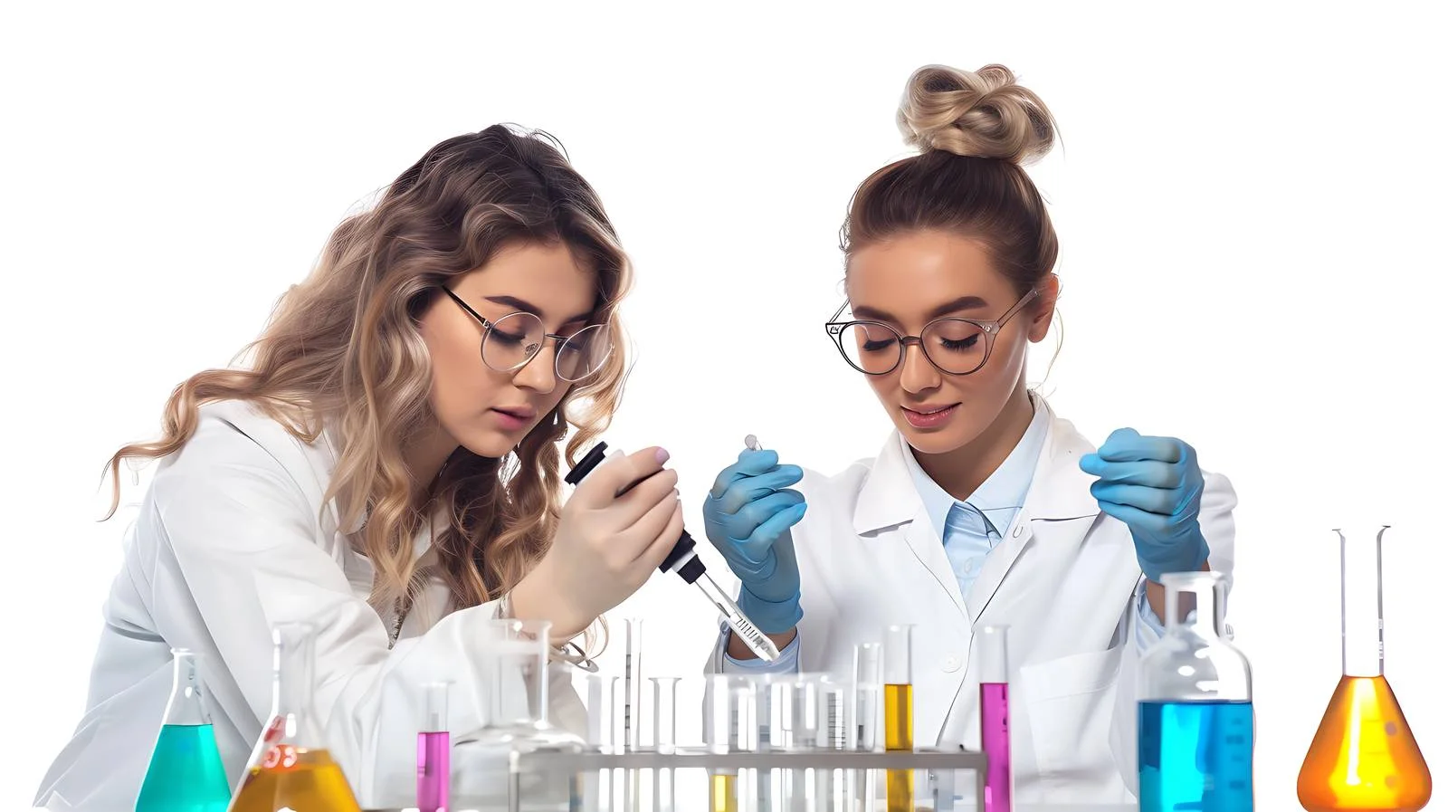 Pharmacists examining chemicals in laboratory — free download from Dotvec