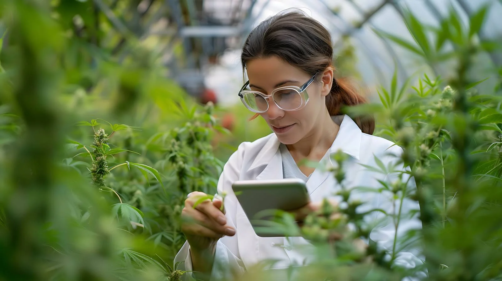 Woman researching cannabis leaves and buds — free download from Dotvec