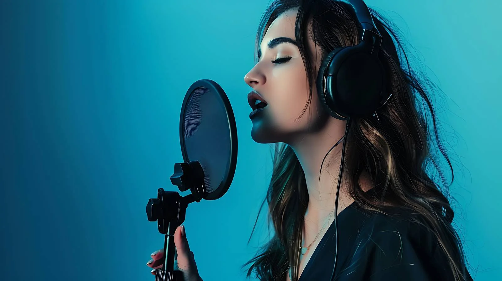Female Singer Performing with Headphones and Microphone — free download from Dotvec