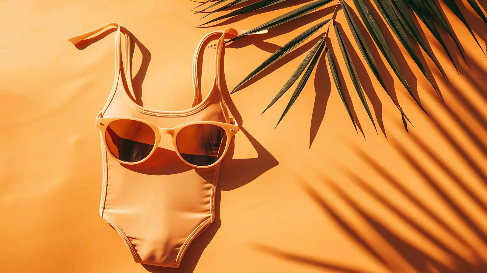 Tropical Female Swimsuit and Sunglasses by Palm Leaf – free aid image from Dotvec