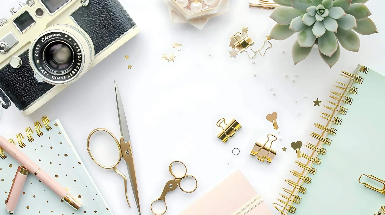 Feminine Desk Workspace with Succulent and Retro Camera – free retro image from Dotvec