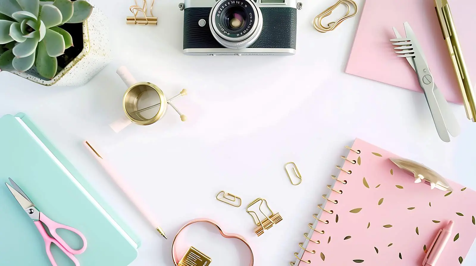 Feminine Desk Workspace with Succulents and Retro Camera – free retro image from Dotvec