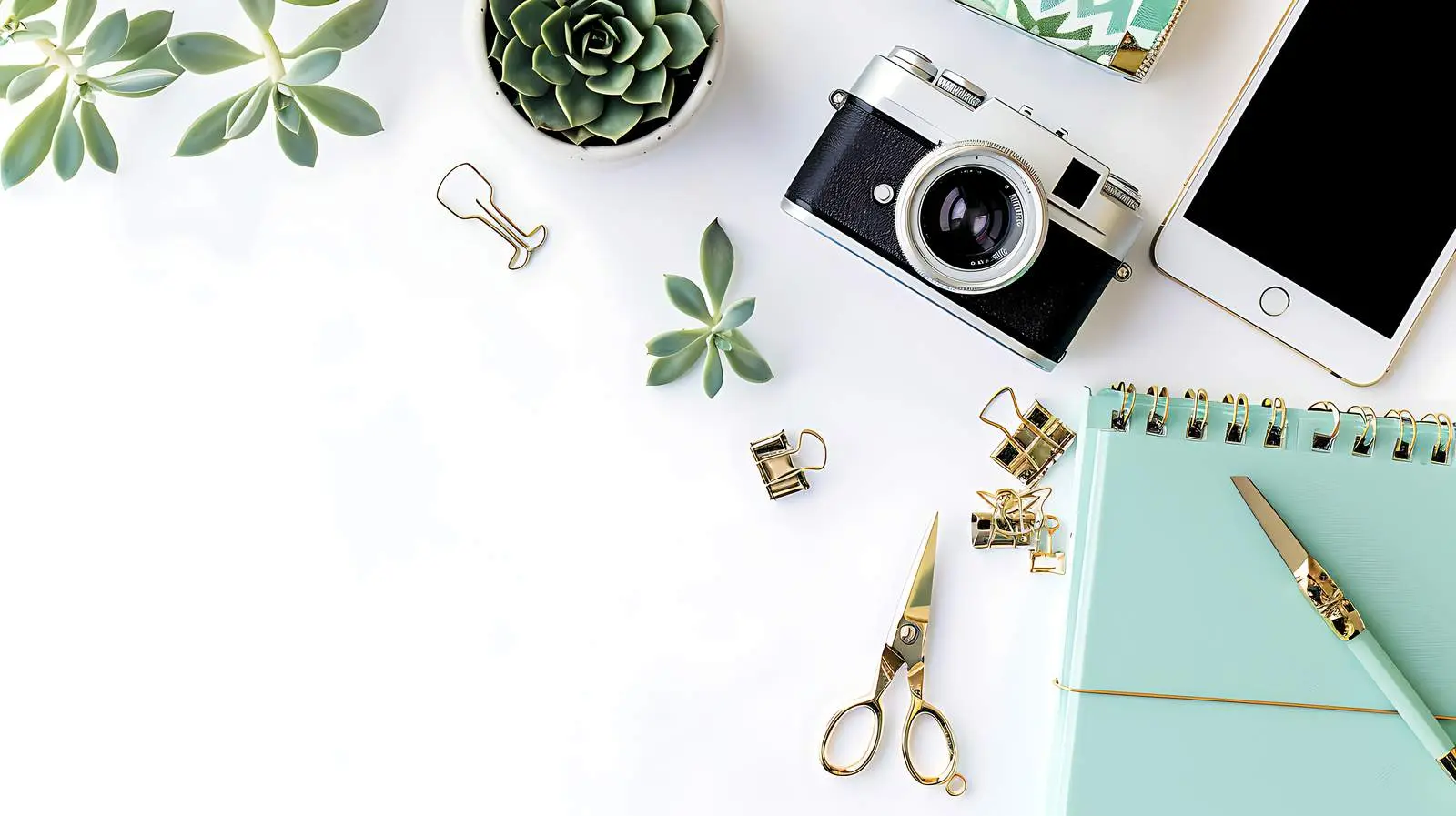 Feminine Desk Workspace with Succulent and Retro Camera – free retro image from Dotvec