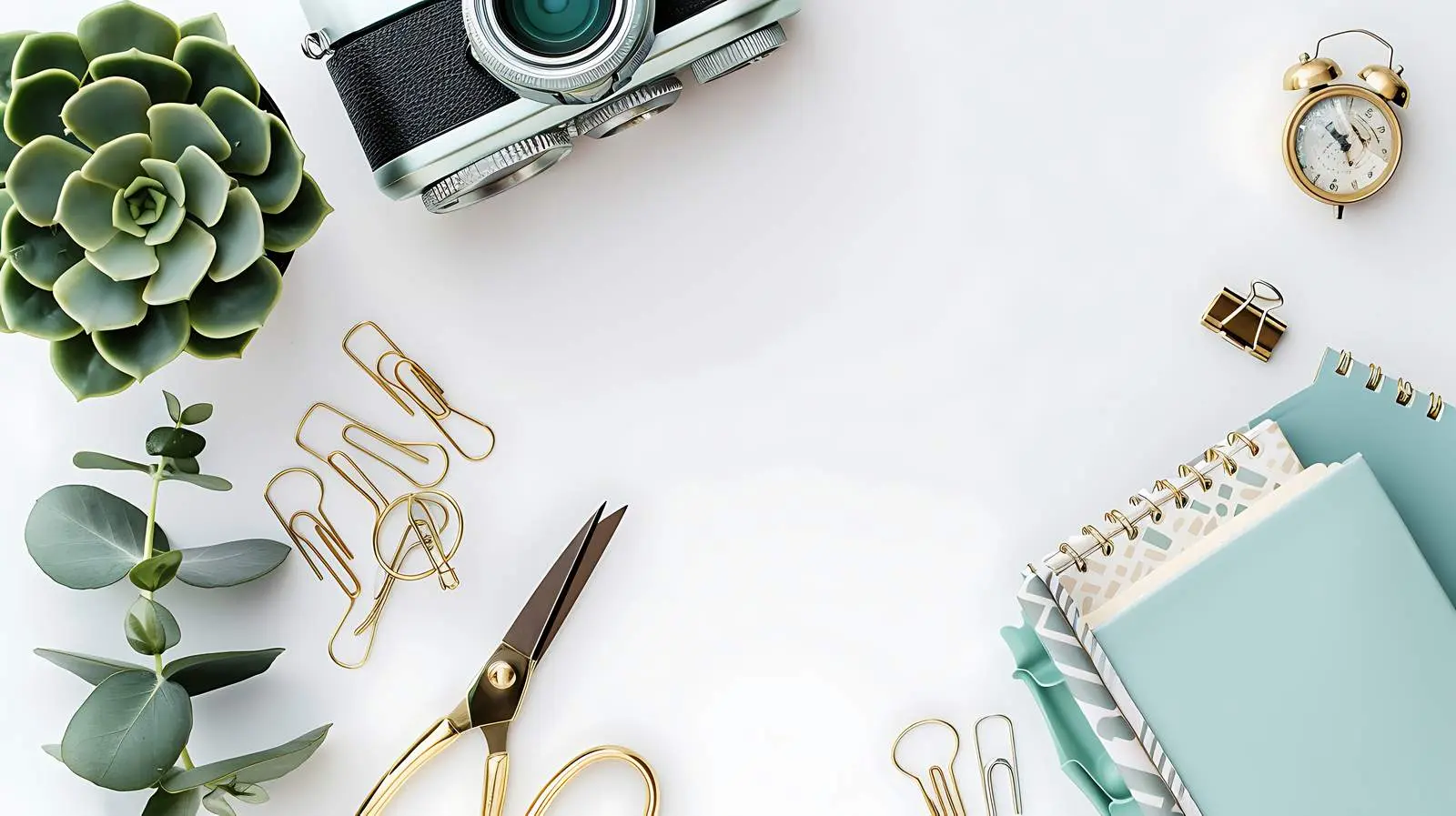 Feminine Desk Workspace with Succulent and Camera – free retro image from Dotvec