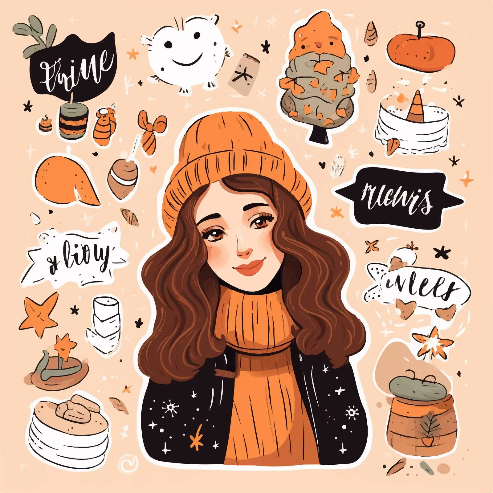 Festive Doodle Sticker Set with Beautiful Girl — free download from Dotvec