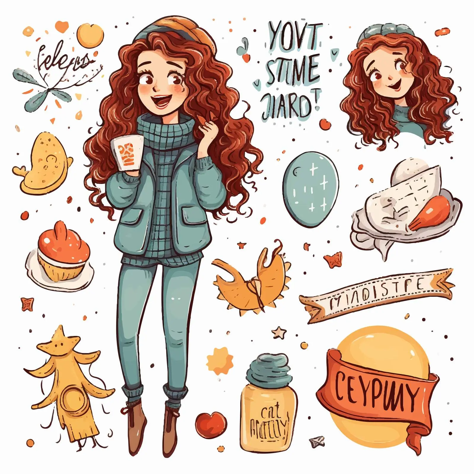Festive Doodle Sticker Set with Girl and Lettering — free download from Dotvec