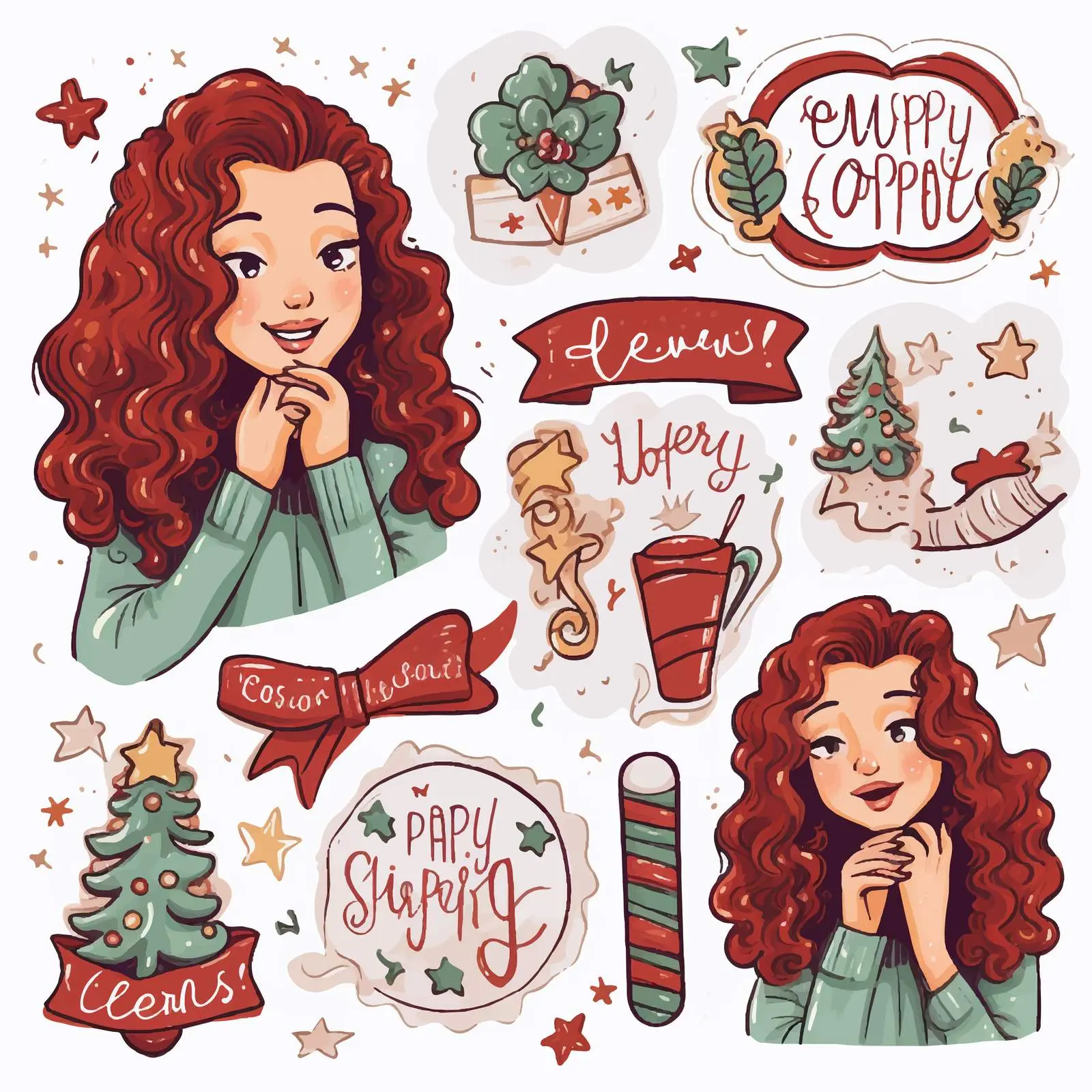 Festive Doodle Sticker Set with Beautiful Girl — free download from Dotvec