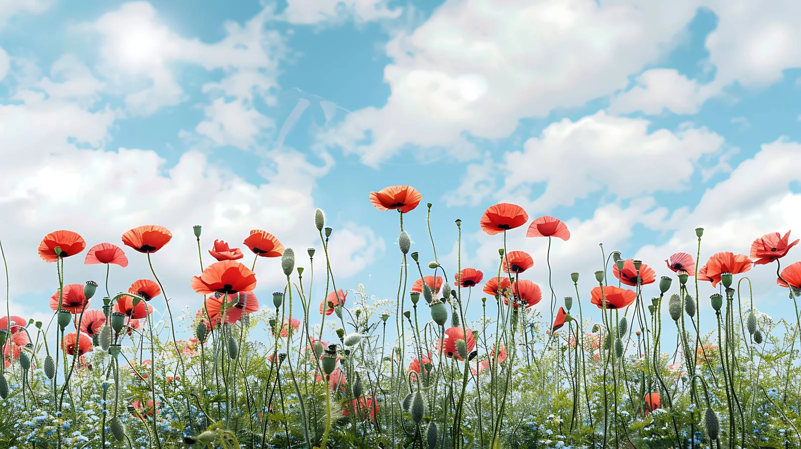 Vibrant field of poppies under blue skies — free download from Dotvec