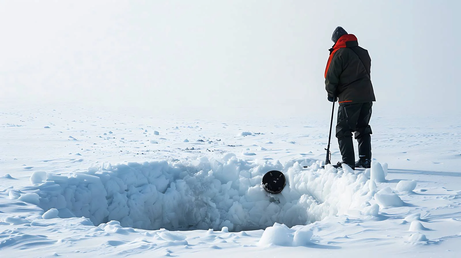 Fisherman stands by freshly drilled fishing hole — free download from Dotvec