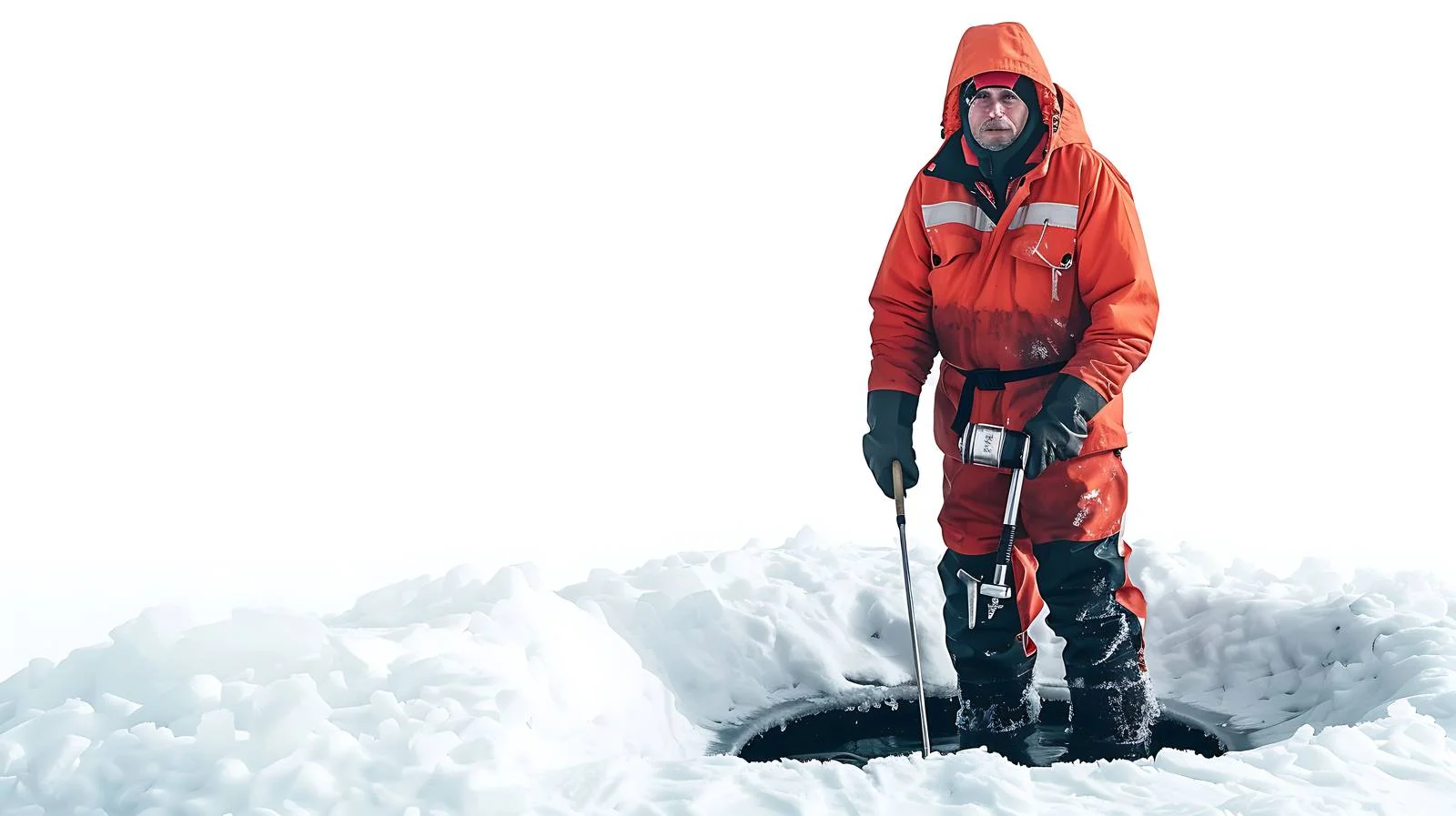 Fisherman stands by drilled hole near auger — free download from Dotvec