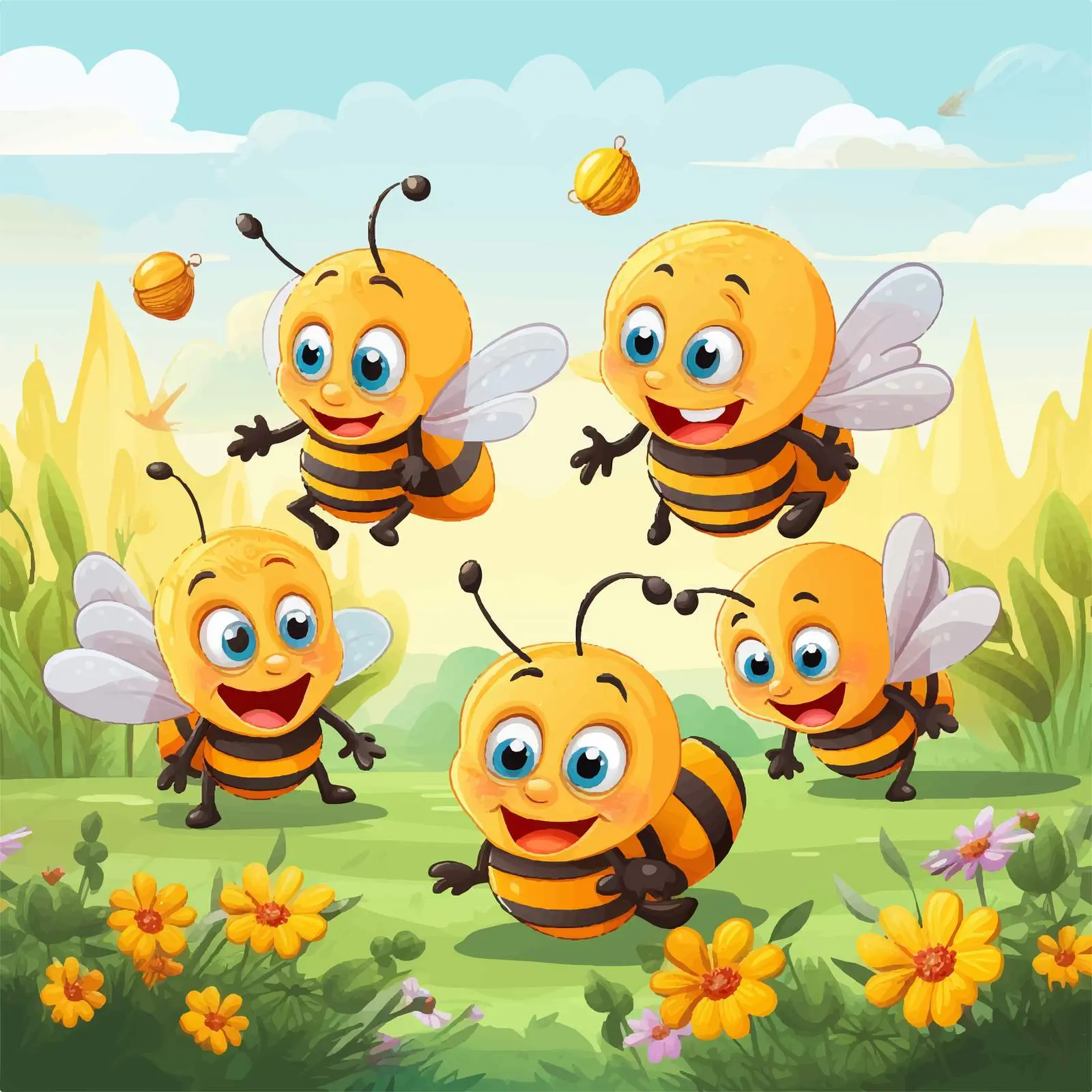 Five Bees in the Garden Cartoon Illustration — free download from Dotvec