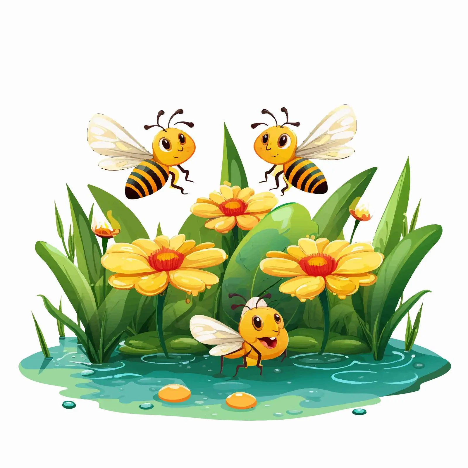 Five Bees in a Colorful Garden Illustration — free download from Dotvec