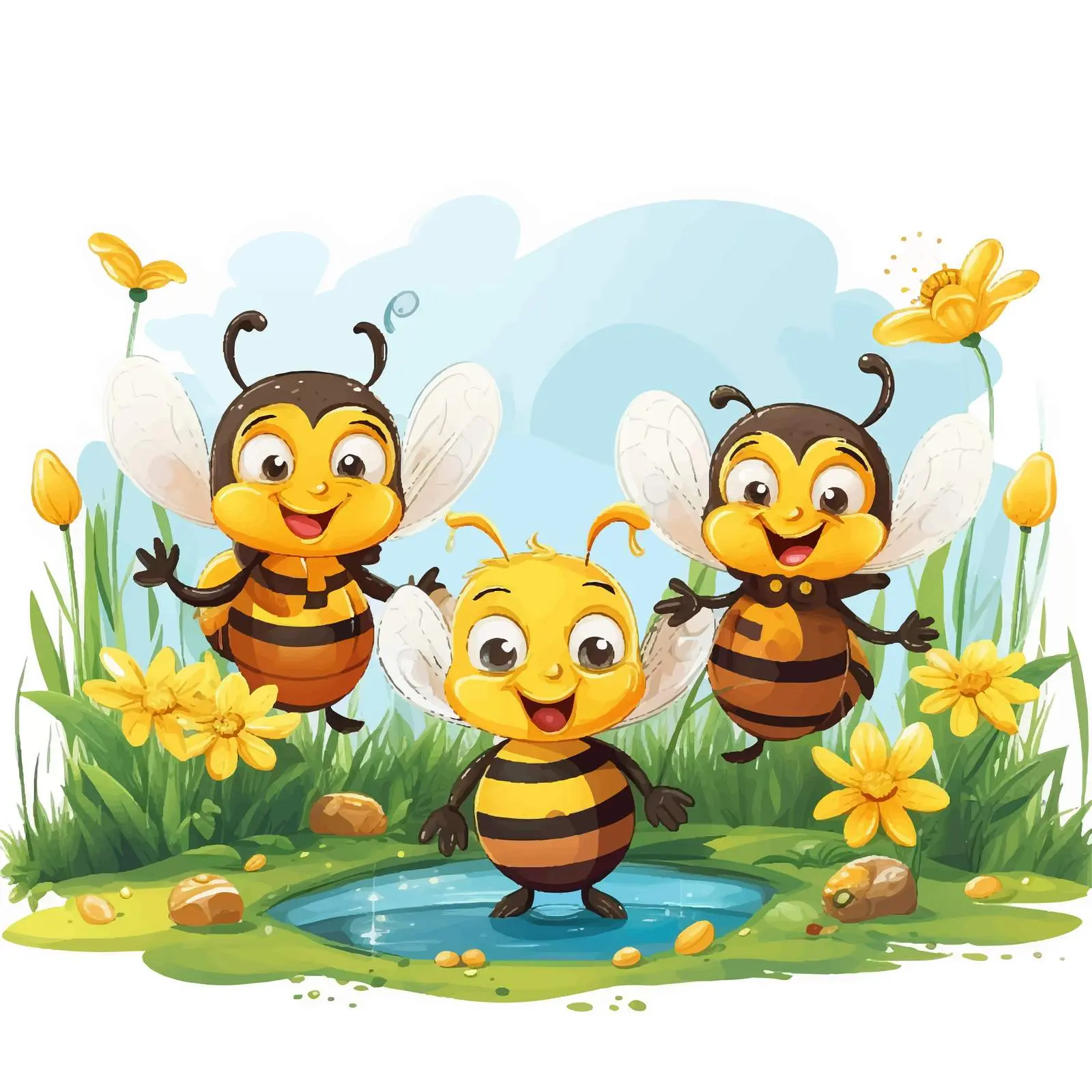 Cartoon Bees in a Colorful Garden Vector Illustration — free download from Dotvec