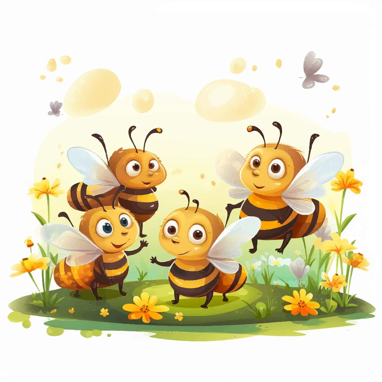 Colorful Cartoon Bees in Garden Illustration — free download from Dotvec