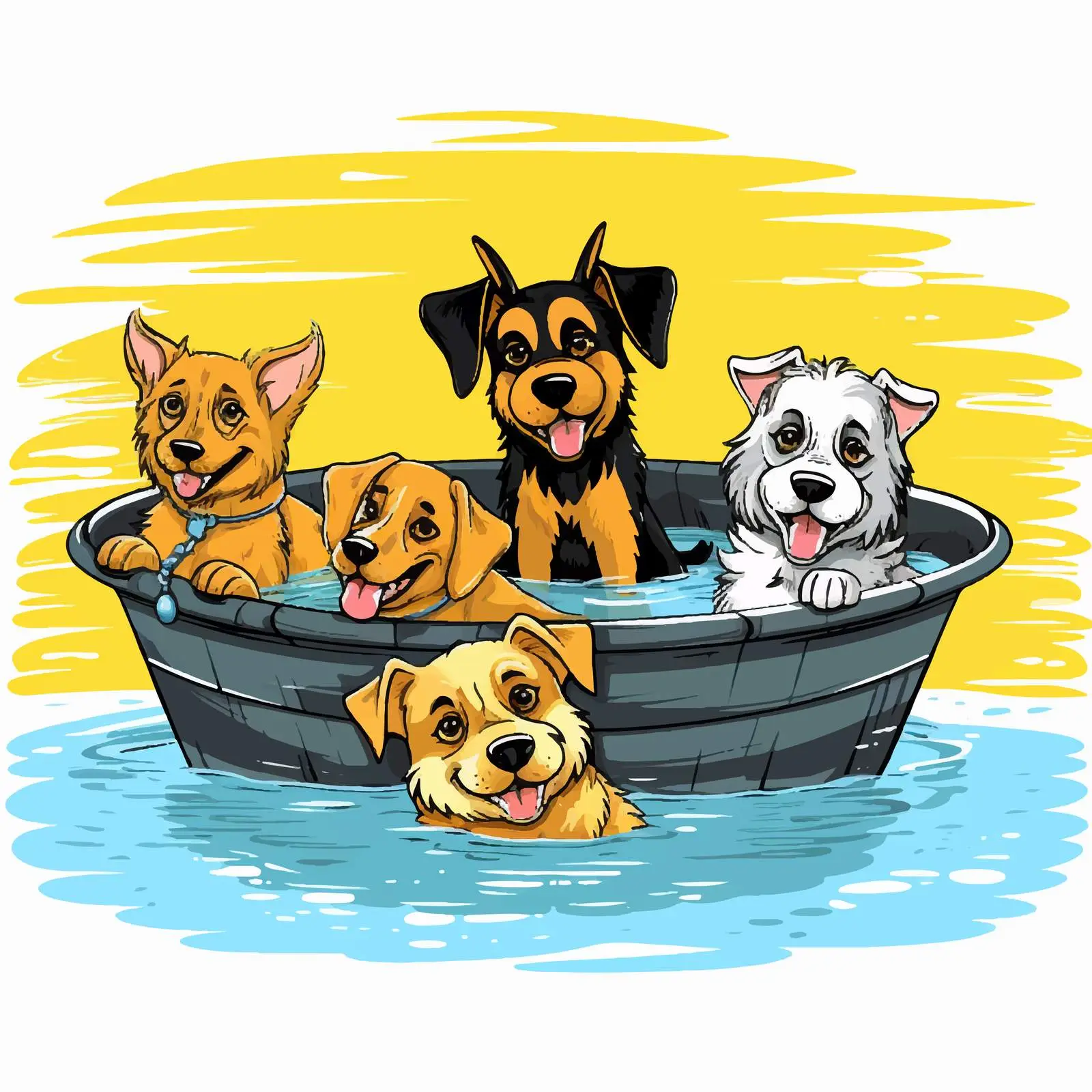 Five Cartoon Dogs in Yellow Pool Illustration — free download from Dotvec