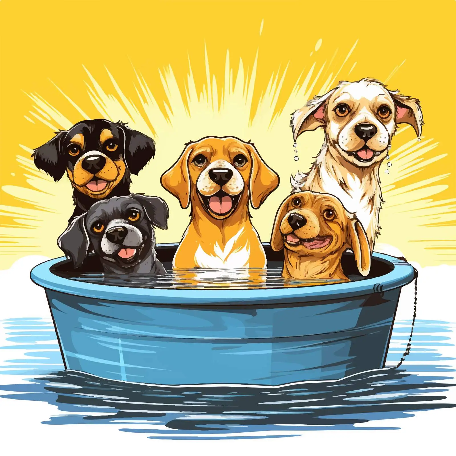 Five Cartoon Dogs in Yellow Pool Illustration — free download from Dotvec
