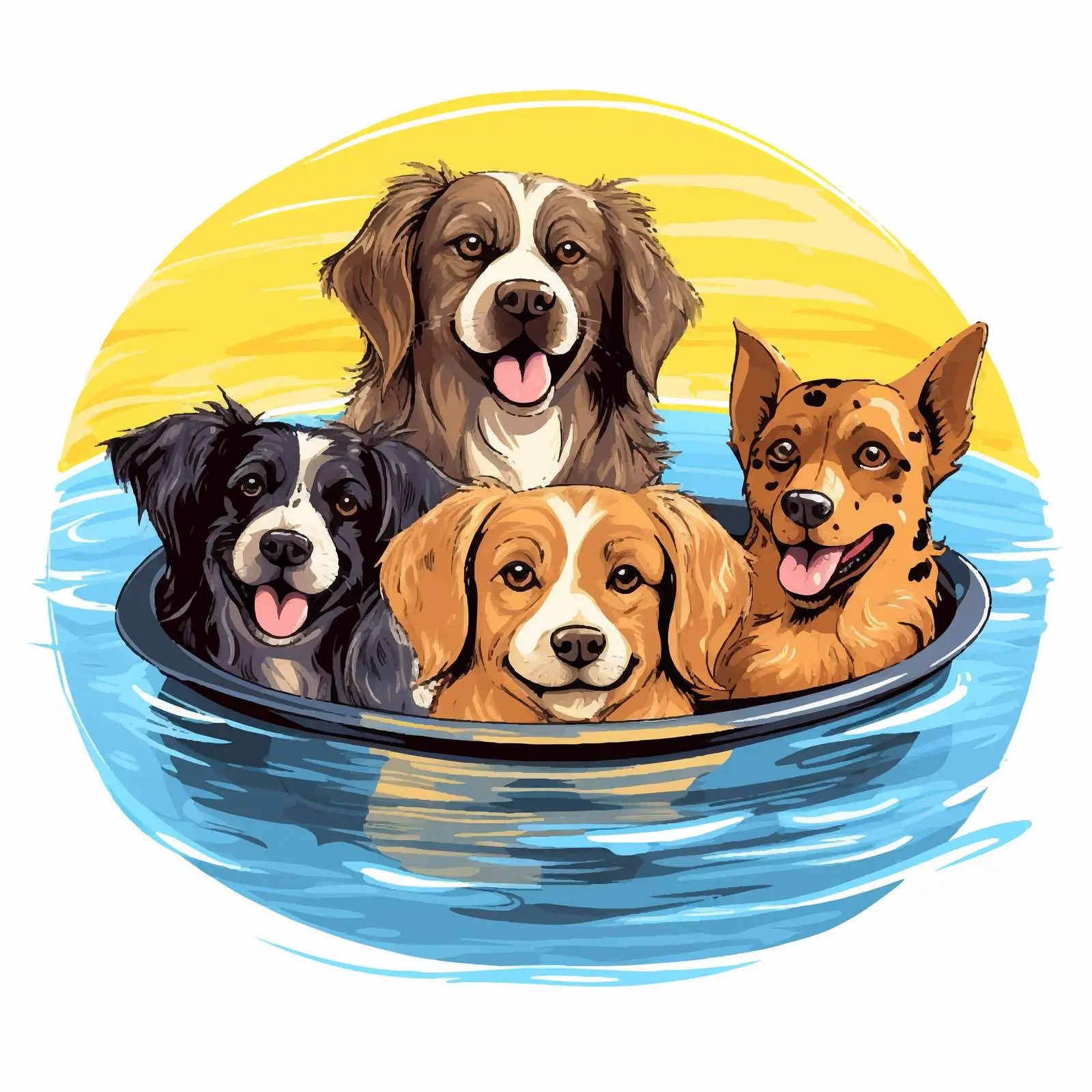 Five Dogs Playing in Yellow Pool Illustration — free download from Dotvec