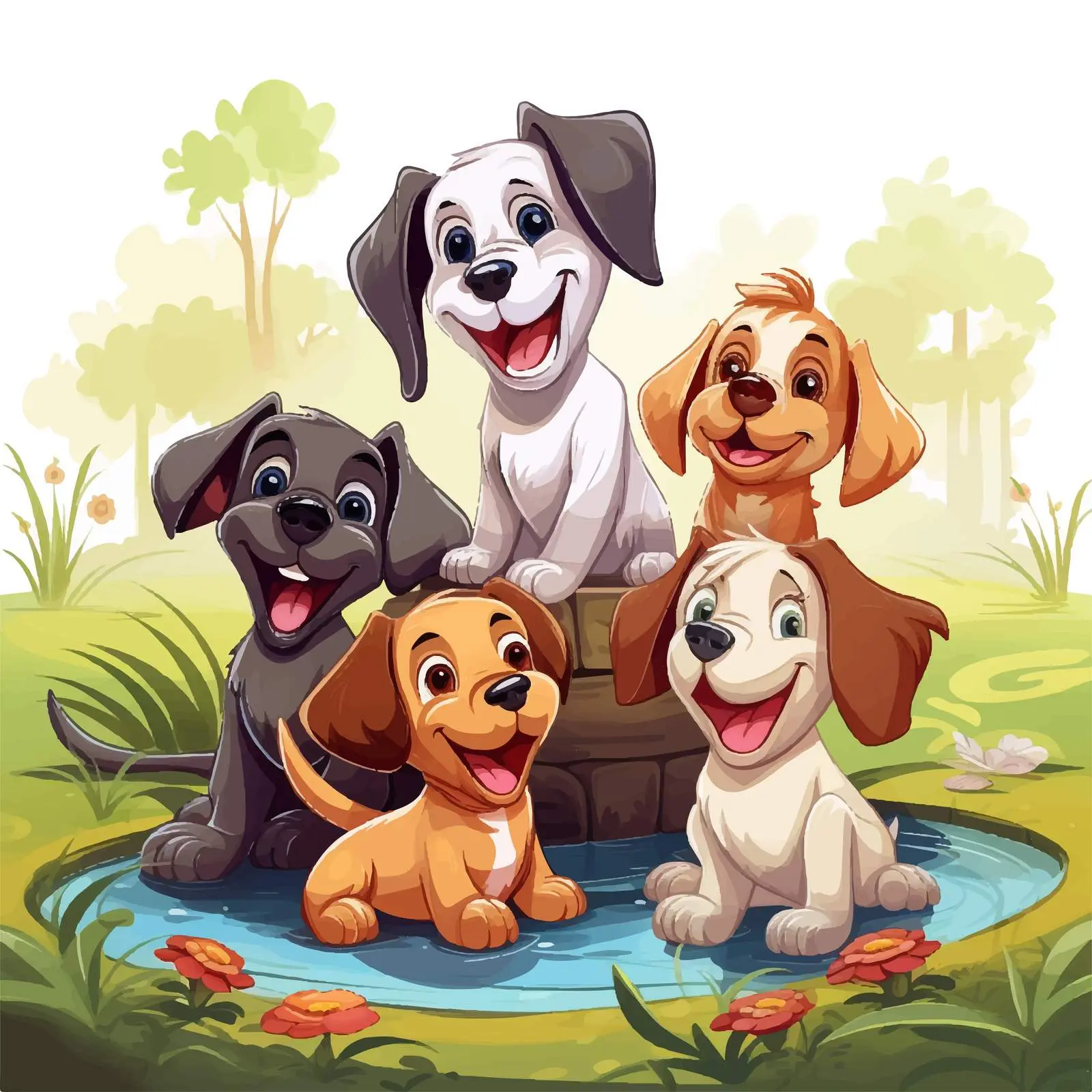 Five Dogs Playing in the Garden Illustration — free download from Dotvec