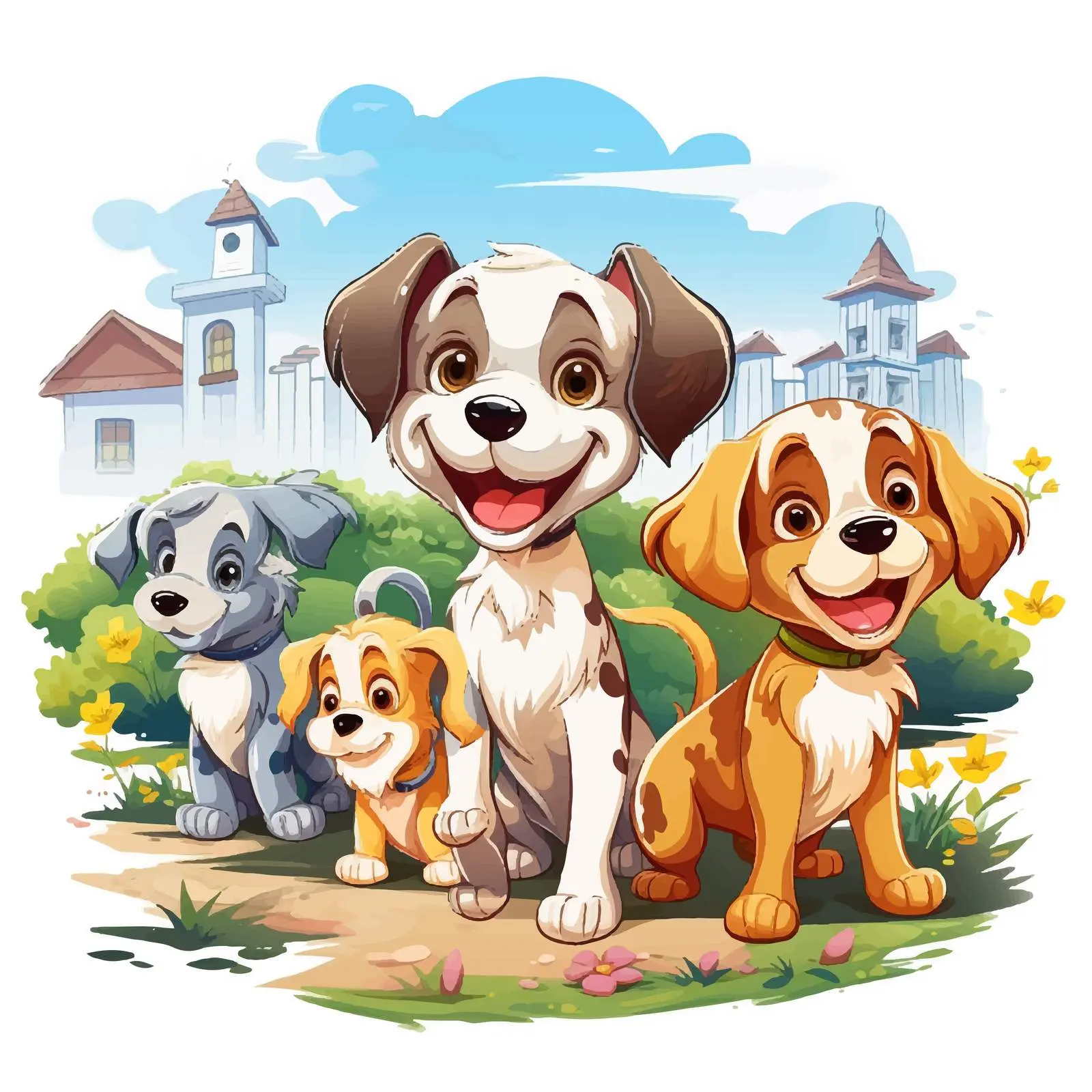 Five Dogs Playing in the Garden Illustration — free download from Dotvec