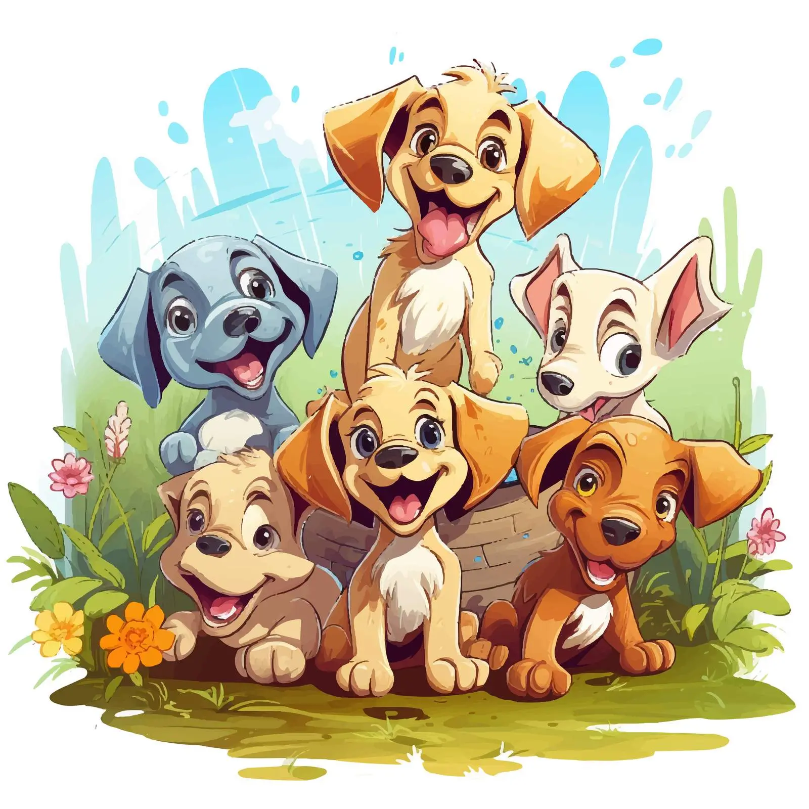 Five Dogs Playing in Garden Vector Illustration — free download from Dotvec