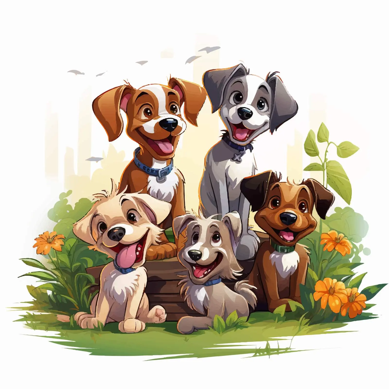 Five Dogs Playing in Garden Illustration — free download from Dotvec
