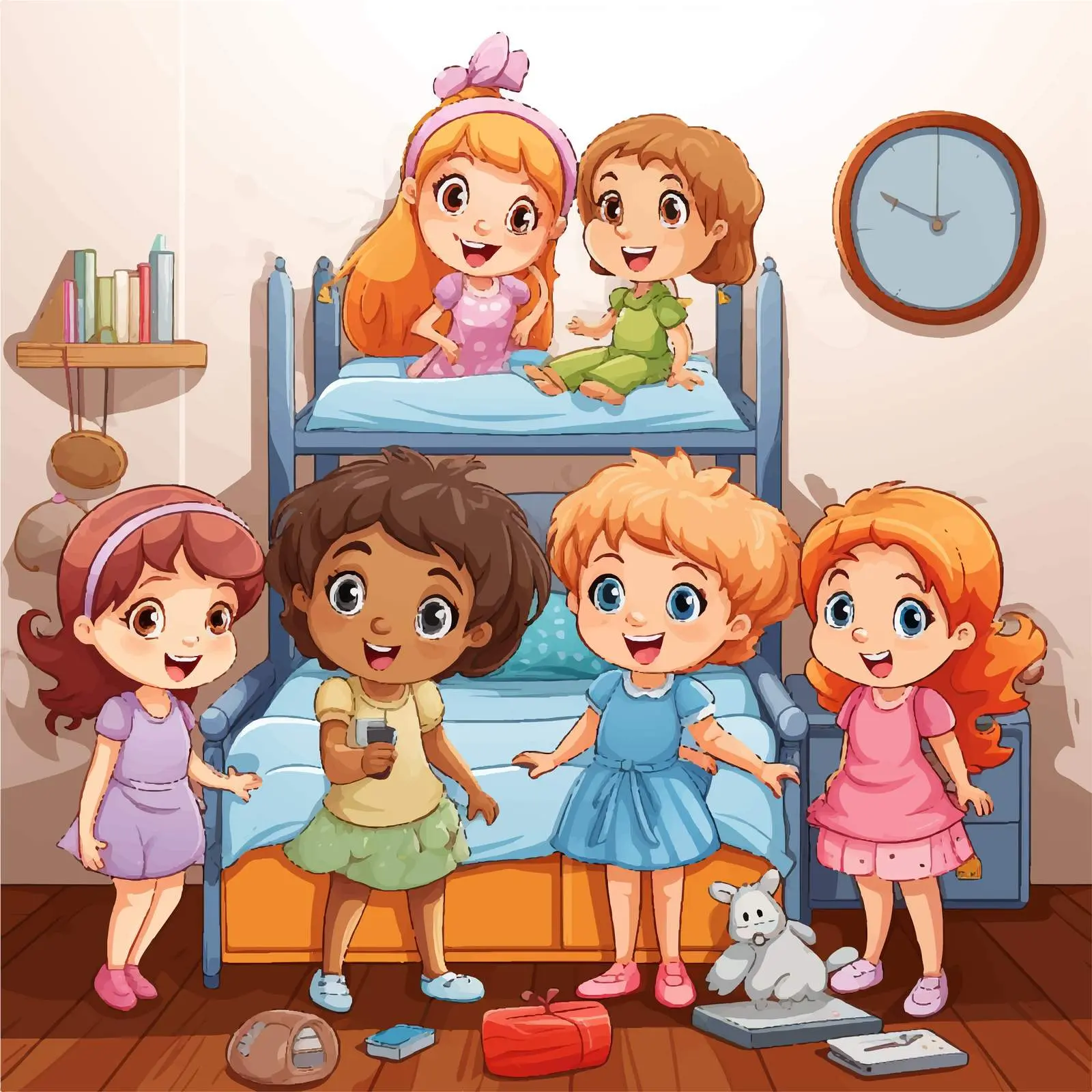 Five Girls Playing in Bedroom Illustration — free download from Dotvec