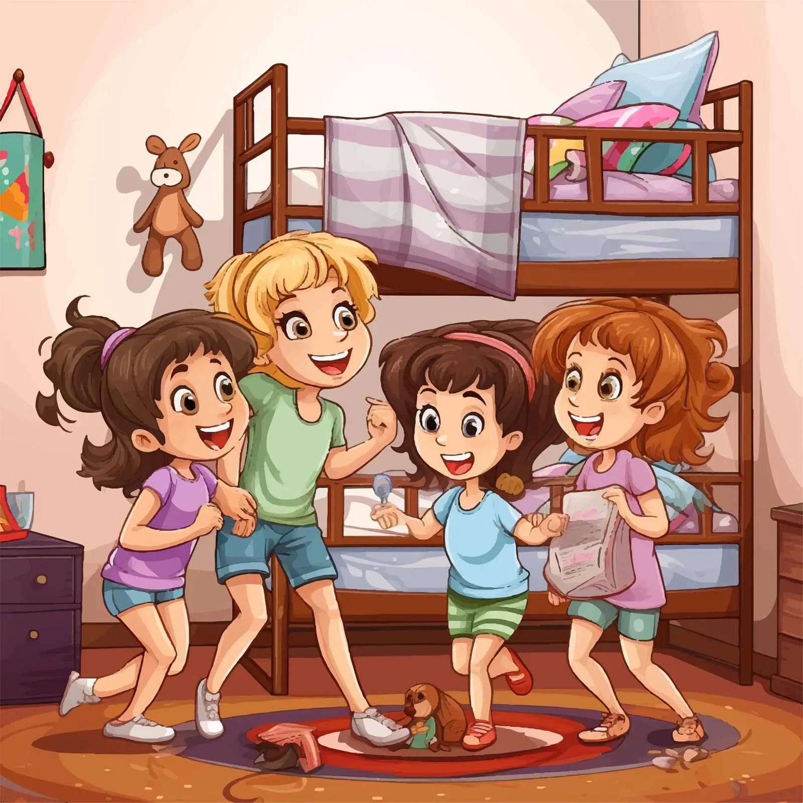Five Girls Playing in Bedroom Illustration — free download from Dotvec