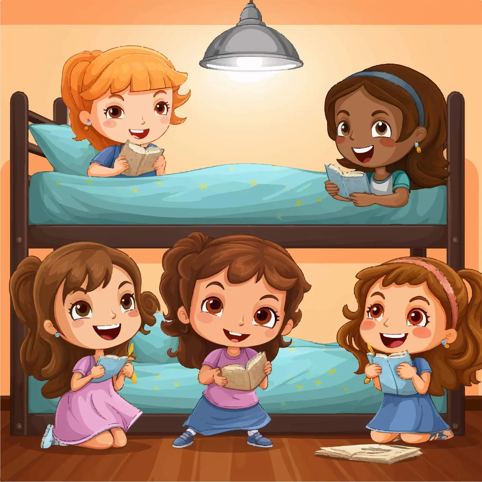 Five Girls Playing in Bedroom Illustration — free download from Dotvec